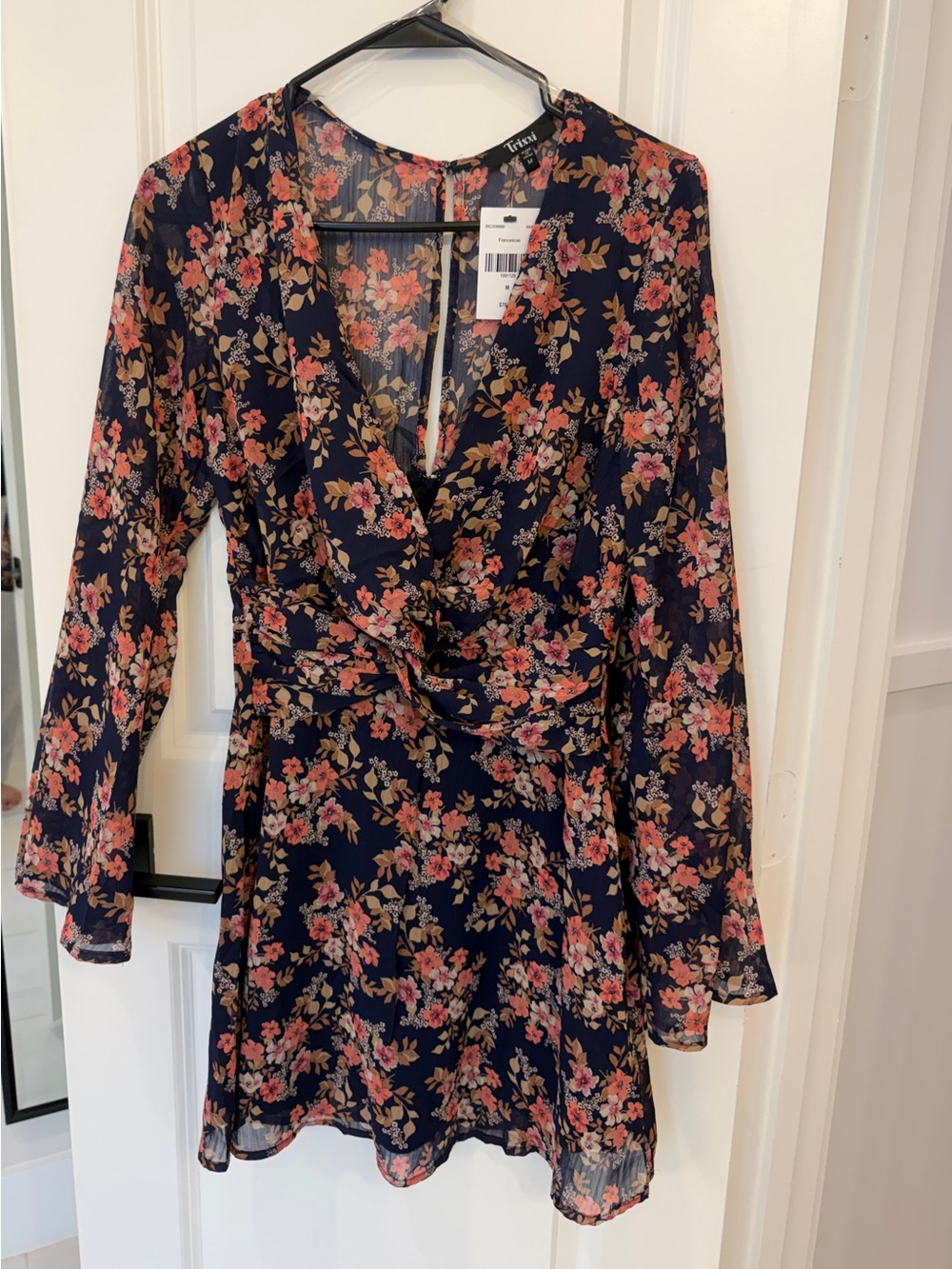 Francesca’s Trixxi Navy Floral Long-Sleeve Wrap Dress